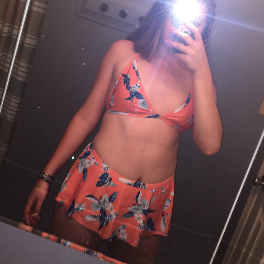 Orange and Blue Leaf Print Bikini Set
